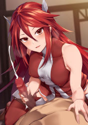 Rule 34 | 1boy, 1girl, bare shoulders, blush, breasts, censored, cordelia (fire emblem), covered erect nipples, dress, erection, fire emblem, fire emblem awakening, handjob, hetero, highres, long hair, looking at viewer, medium breasts, mosaic censoring, nintendo, penis, red dress, red eyes, red hair, red thighhighs, short dress, smile, solo focus, thighhighs, thighs, tsuki tokage, wing hair ornament