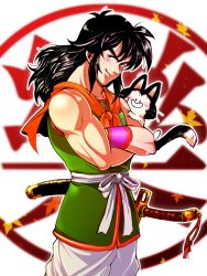 Rule 34 | :d, black hair, blurry, cat, crossed arms, depth of field, dougi, dragon ball, leaf, leaf background, long hair, neckerchief, ochanoko (get9-sac), open mouth, outline, puar, simple background, smile, sword, weapon, wristband, yamcha