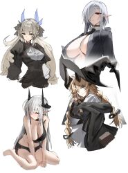Rule 34 | 4girls, arknights, ascot, bare shoulders, bikini, black bikini, black dress, black horns, black jacket, blonde hair, braid, breasts, brown eyes, center opening, character request, cleavage, closed mouth, commentary request, demon girl, demon horns, dress, gladiia (arknights), grey hair, hat, highres, horn/wood, horns, huge horns, jacket, juliet sleeves, large breasts, light in heart, long hair, long sleeves, looking at viewer, low twin braids, low twintails, mudrock (arknights), multiple girls, one eye closed, pointy ears, puffy sleeves, red eyes, reed (arknights), shirt, simple background, sin chronicle, sitting, sketch, smile, swimsuit, twin braids, twintails, upper body, wariza, white ascot, white background, white hair, white shirt, witch hat, yellow eyes