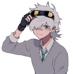 Rule 34 | 1boy, adjusting goggles, bandaid, bandaid on arm, bandaid on face, bandaid on nose, blue eyes, fingerless gloves, gloves, goggles, goggles on head, long hair, looking at viewer, low ponytail, maco22, male focus, necktie, original, sleeves rolled up, smile, solo, sweater, upper body, white hair