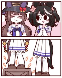 Rule 34 | animal ears, black hair, box, brown hair, closed eyes, commentary request, hat, height difference, highres, horse ears, horse tail, kitasan black (umamusume), long hair, looking at another, school uniform, sweatdrop, sweep tosho (umamusume), tail, thighhighs, tracen school uniform, twintails, umamusume, watalgear, white thighhighs, witch hat