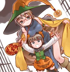 Rule 34 | 2girls, age difference, bad id, bad pixiv id, bare shoulders, bat wings, blue eyes, breast rest, breasts, breasts on head, cape, china dress, chinese clothes, costume, dress, glasses, halloween, hat, jack-o&#039;-lantern, large breasts, mature female, mole, mother and daughter, multiple girls, nakamura tetsuya, pumpkin, side slit, smile, trick or treat, wings, witch, witch hat