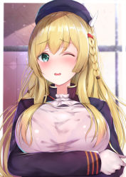 Rule 34 | 1girl, ascot, azur lane, beret, black jacket, blonde hair, blue hat, blush, bra visible through clothes, braid, breast hold, breasts, commentary request, gloves, green eyes, hair between eyes, hair ornament, hairclip, hat, highres, horns, houraku, jacket, kongou (azur lane), large breasts, long hair, long sleeves, one eye closed, open clothes, open jacket, parted lips, see-through, shirt, side braid, solo, very long hair, wavy mouth, white ascot, white gloves, white shirt
