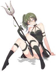 Rule 34 | 1girl, armband, bare shoulders, belt, black footwear, black gloves, blush, boots, breasts, cleavage, clone, closed mouth, dress, eitopondo, gloves, green hair, high heel boots, high heels, highres, holding, holding staff, knees up, looking at viewer, medium hair, purple eyes, side ponytail, sidelocks, simple background, single glove, sitting, sleeveless, sleeveless dress, small breasts, smile, smug, solo, sousou no frieren, staff, thigh strap, ubel (sousou no frieren), white background