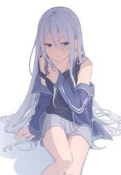Rule 34 | 1girl, arm at side, artist name, black tank top, blue eyes, blue jacket, collarbone, dot nose, drawstring, feet out of frame, flat chest, grey hair, grey shorts, hair between eyes, half-closed eyes, hinata mizuiro, jacket, legs together, light, light particles, long hair, looking afar, on floor, open clothes, open jacket, parted bangs, project sekai, serious, shadow, shorts, sidelighting, simple background, sitting, solo, straight hair, tank top, track jacket, tsurime, very long hair, white background, yoisaki kanade