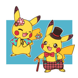 Rule 34 | bad id, bad pixiv id, blue background, bow, bowtie, cane, clothed pokemon, creatures (company), closed eyes, game freak, gen 1 pokemon, gingham, hat, nintendo, no humans, open mouth, pikachu, pokemon, pokemon (creature), simple background, suspenders, top hat, unmoving pattern, white background, zrae