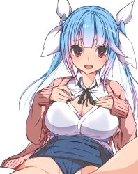 Rule 34 | 10s, 1girl, blue hair, bow, bra, breasts, bun (hiyokomame), cardigan, cleavage, fang, female focus, gradient hair, hair bow, i-19 (kancolle), kantai collection, large breasts, long hair, looking at viewer, multicolored hair, open mouth, red eyes, ribbon, school uniform, see-through, solo, star-shaped pupils, star (symbol), symbol-shaped pupils, twintails, two-tone hair, underwear