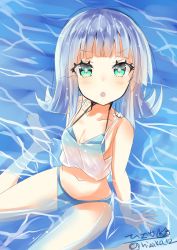 Rule 34 | 1girl, aqua eyes, bikini, blue bikini, blush, breasts, cleavage, hatsukaze (kancolle), highres, hizaka, kantai collection, long hair, looking at viewer, looking up, one-hour drawing challenge, open mouth, silver hair, sitting, small breasts, solo, swimsuit, twitter username, water