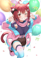 Rule 34 | 1girl, absurdres, ahoge, animal ear fluff, animal ears, balloon, black bow, blush, bow, breasts, brown shorts, cat ears, cat girl, cat hair ornament, cat tail, character request, copyright request, gradient legwear, grin, hair bow, hair ornament, highres, jacket, looking at viewer, medium breasts, nedia (nedia region), off shoulder, one eye closed, open clothes, open jacket, pink footwear, pink jacket, red eyes, red hair, short hair, short shorts, shorts, smile, solo, tail, thighhighs, torn clothes, torn thighhighs, white background