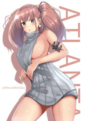 Rule 34 | 1girl, absurdres, alternate costume, anchor hair ornament, atlanta (kancolle), blush, breasts, character name, commentary request, cow, earrings, gluteal fold, grey eyes, grey sweater, hair ornament, highres, himura moritaka, jewelry, kantai collection, large breasts, looking at viewer, meme attire, parted lips, red hair, sideboob, simple background, sleeveless, sleeveless sweater, solo, star (symbol), star earrings, sweater, twintails, twitter username, virgin killer sweater, white background
