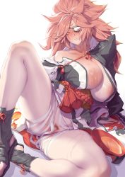 Rule 34 | 1girl, amputee, baiken, bandages, big hair, black footwear, black jacket, black kimono, blush, breasts, cleft of venus, commentary request, eyepatch, facial tattoo, guilty gear, guilty gear xrd, ion (cation), jacket, jacket on shoulders, japanese clothes, kataginu, kimono, large areolae, large breasts, leg up, looking at viewer, multicolored clothes, multicolored kimono, nipples, obi, one-eyed, open clothes, open kimono, parted lips, pink hair, ponytail, pussy, red eyes, samurai, sash, scar, scar across eye, scar on face, sitting, spread legs, tattoo, thighs, white kimono