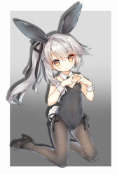 Rule 34 | 1girl, animal ears, bare shoulders, black footwear, black leotard, black ribbon, blush, breasts, brown eyes, closed mouth, collar, commentary request, covered navel, detached collar, fake animal ears, fingernails, fishnet pantyhose, fishnets, full body, gradient background, grey background, grey pantyhose, hair between eyes, hair ribbon, hands up, head tilt, heart, heart hands, high heels, kneeling, leotard, long hair, looking at viewer, ning hai (warship girls r), outside border, pantyhose, playboy bunny, rabbit ears, rabbit girl, rabbit tail, ribbon, shadow, shoes, side ponytail, sidelocks, silver hair, small breasts, solo, strapless, strapless leotard, tail, tengxiang lingnai, two-tone background, very long hair, warship girls r, white background, white collar, wing collar, wrist cuffs