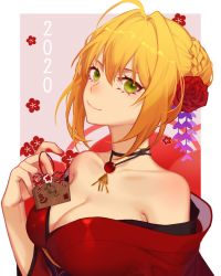 Rule 34 | 1girl, ahoge, bare shoulders, blonde hair, blush, braid, breasts, cleavage, collarbone, commentary, fate/grand order, fate (series), flower, green eyes, hair between eyes, hair bun, hair flower, hair intakes, hair ornament, highres, holding, japanese clothes, jesse (pixiv34586727), kimono, large breasts, looking at viewer, mouse print, nero claudius (fate), nero claudius (fate) (all), nero claudius (fate/extra), nose blush, red flower, red kimono, red rose, rose, single hair bun, smile, solo