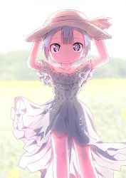 Rule 34 | 1boy, alternate costume, backlighting, blue eyes, blue hair, child, dress, frills, hands on headwear, hat, highres, looking at viewer, made in abyss, male focus, maruruk, outdoors, see-through silhouette, short hair, smile, solo, standing, sun hat, sundress, sunlight, trap, white dress, ximu shilang