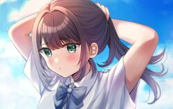 Rule 34 | 1girl, armpits, arms behind head, arms up, black hair, blue bow, blue sky, blush, bow, closed mouth, cloud, collared shirt, commentary, day, green eyes, highres, long hair, minami saki, original, outdoors, ponytail, school uniform, shirt, short sleeves, sidelocks, sky, solo, symbol-only commentary, white shirt