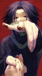 Rule 34 | 1boy, black cloak, black hair, blood, blood on hands, cloak, covered mouth, dripping, feitan portor, grey eyes, hair over eyes, hands up, highres, holding hands, hunter x hunter, injury, looking at viewer, male focus, out of frame, outstretched arm, parted bangs, pov, pov hands, purple hair, reaching, reaching towards viewer, red background, short hair, simple background, solo focus, torture, turtleneck, upper body, yamamor12490807