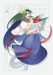Rule 34 | 1girl, absurdres, blood, blood on face, bloody knife, blue sailor collar, blue skirt, dress, ghost tail, green hair, grid background, guumin, highly responsive to prayers, highres, holding, holding knife, knife, long hair, mima (touhou), neckerchief, red eyes, red neckerchief, sailor collar, sailor dress, sailor shirt, school uniform, sharp teeth, shirt, short sleeves, skirt, teeth, torn clothes, touhou, touhou (pc-98), white headwear, yin yang