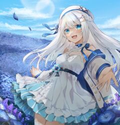 Rule 34 | 1girl, bare shoulders, beret, blue eyes, blue sky, braid, breasts, cloud, commentary request, commission, cowboy shot, day, dress, earrings, flower, frilled dress, frills, hat, highres, indie virtual youtuber, jewelry, lens flare, long hair, looking at viewer, mole, mole under eye, murumuru (pixiv51689952), nagino mashiro, nemophila (flower), open mouth, outdoors, purple flower, reaching, reaching towards viewer, skeb commission, sky, small breasts, smile, solo, standing, teeth, tongue, upper teeth only, virtual youtuber, white dress, white hair, white hat, wind