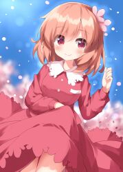 Rule 34 | 1girl, aki shizuha, blue sky, blurry, blurry background, breast pocket, buttons, collar, dress, flower, highres, one-hour drawing challenge, pink dress, pink flower, pink hair, pink skirt, pocket, red eyes, ruu (tksymkw), skirt, sky, solo, touhou, white collar