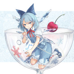 Rule 34 | 1girl, argyle, blue dress, blue eyes, blue footwear, blue hair, bow, cherry, cirno, closed mouth, cup, dress, drinking glass, eyebrows, food, frills, fruit, full body, hair bow, highres, ice, ice wings, in container, in cup, jewelry, kneehighs, kneeling, looking at viewer, mary janes, matching hair/eyes, mini person, minigirl, musical note, neck ribbon, oversized object, puffy short sleeves, puffy sleeves, quaver, red bow, red ribbon, ribbon, ring, sash, shoes, short hair, short sleeves, sketch, smile, snowflakes, socks, solo, touhou, transparent, white socks, wings, yorktown cv-5