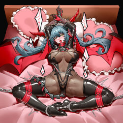Rule 34 | 1girl, absurdres, ahegao, anchor symbol, ankle cuffs, arms up, azur lane, bdsm, black gloves, black leotard, black thighhighs, blue hair, blush, bodystocking, bondage, bondage cuffs, bound, bound legs, breasts, chain, chinese commentary, cleavage, collar, commentary request, covered navel, cross, cuffs, dragon girl, dragon horns, dragon tail, dragon wings, elbow gloves, full body, gloves, hair between eyes, handcuffs, heart, highres, horns, iron cross, large breasts, leotard, long hair, mechanical horns, mechanical tail, mihua mh, on bed, pillow, pointy ears, pussy juice, red collar, regensburg (azur lane), restrained, see-through, see-through cleavage, shadow, sidelocks, skindentation, slave, solo, spoken heart, spread legs, tail, thighhighs, tongue, tongue out, twintails, wings, yellow eyes