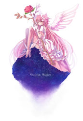 Rule 34 | 10s, 1girl, ankle wings, blush, boots, bow, bow (weapon), copyright name, dress, flower, frills, gloves, highres, kaname madoka, li luo, long hair, mahou shoujo madoka magica, mahou shoujo madoka magica (anime), pink footwear, pink hair, solo, space, star (sky), thighhighs, two side up, ultimate madoka, very long hair, weapon, wings, yellow eyes
