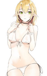Rule 34 | 1girl, bad id, bad pixiv id, bare arms, bare shoulders, bikini, black choker, blonde hair, blush, breasts, choker, collarbone, covered erect nipples, cowboy shot, elf, front-tie bikini top, front-tie top, green eyes, hands on own chest, highres, light smile, long hair, looking at viewer, lowleg, lowleg bikini, navel, original, parted lips, pointy ears, ribbon, side-tie bikini bottom, simple background, skirt, solo, standing, stomach, swimsuit, thigh gap, underboob, white background, white bikini, white ribbon, white skirt, wristband, youkan (mattya youkan)
