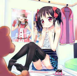 Rule 34 | 10s, 1girl, bad id, bad pixiv id, bed, black hair, blush, bow, camisole, casual, digital media player, earphones, feet, hair bow, kurou (quadruple zero), love live!, love live! school idol project, no shoes, panties, pantyshot, plaid, plaid skirt, red eyes, ribbon, short hair, sitting, skirt, smile, soles, solo, striped clothes, striped panties, stuffed animal, stuffed toy, teddy bear, thighhighs, toes, twintails, underwear, upskirt, yazawa nico