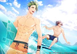 Rule 34 | 2boys, :d, abs, achilles (fate), anklet, artist name, barefoot, blue male swimwear, blue swim trunks, bracelet, cloud, copyright notice, cowboy shot, day, drawstring, fate/grand order, fate (series), full body, green hair, grey hair, hair between eyes, hair over one eye, holding, holding surfboard, jewelry, looking to the side, male focus, male swimwear, multicolored hair, multiple boys, ocean, odysseus (fate), official art, open mouth, orange male swimwear, orange swim trunks, red hair, short hair, smile, streaked hair, surfboard, surfing, swim trunks, swimsuit, teeth, toned, toned male, topless male, undercut, upper teeth only, wading, wet, wristband, yellow eyes, youneko