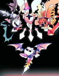Rule 34 | 4boys, black background, butterfly wings, commentary request, dark meta knight, dragon wings, galacta knight, highres, holding, holding sword, holding weapon, insect wings, kirby (series), kirby and the amazing mirror, kirby and the forgotten land, kirby super star, kirby super star ultra, korean commentary, melt74888829, meta knight, morpho knight, multiple boys, nintendo, red mask, simple background, sword, weapon, white eyes, white mask, white wings, wings, yellow eyes