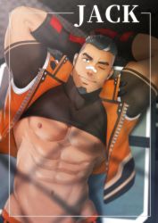 Rule 34 | 1boy, abs, absurdres, arm tattoo, bandaid, bandaid on face, bandaid on nose, bara, bare pectorals, black shirt, clothes lift, clothes pull, dark-skinned male, dark skin, facial hair, goatee, groin, gyee, highres, jack (gyee), jacket, large pectorals, long sideburns, looking at viewer, lying, male focus, mature male, mizuki gai, muscular, muscular male, navel, nipples, on back, one eye closed, orange jacket, paid reward available, pants, pants pull, pectorals, paid reward available, shirt, shirt lift, short hair, sideburns, sleeveless, sleeveless jacket, solo, stomach, tattoo, undercut