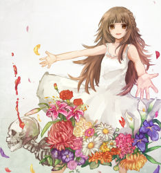 Rule 34 | 1girl, blood, blunt bangs, braid, brown eyes, brown hair, carnation, chrysanthemum, daisy, deemo, dress, flower, girl (deemo), jikkentai (zol8529), lily (flower), looking at viewer, md5 mismatch, nine point eight (deemo), outstretched arms, petals, reaching, rose, side braid, skull, sleeveless, smile, solo, sundress, white background, white dress, yellow flower, yellow rose
