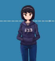 Rule 34 | 1girl, alternate hair length, alternate hairstyle, asutoro (s--t), black hair, blue background, blue pants, blue shirt, blush, brown eyes, casual, closed mouth, clothes writing, commentary, cut-here line, cutting hair, denim, dotted line, drawstring, frown, girls und panzer, grey hairband, grey shirt, hairband, hands in pockets, highres, hood, hoodie, jeans, light blush, long sleeves, looking at viewer, pants, print shirt, reizei mako, scissors, shirt, short hair, simple background, solo, standing, very short hair