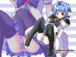 Rule 34 | 00s, 1girl, animal ears, blue hair, character name, galaxy angel, green eyes, mint blancmanche, panties, short hair, solo, striped clothes, striped panties, thighhighs, underwear, wallpaper, yellow eyes, zoom layer
