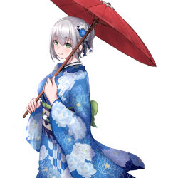 Rule 34 | 1girl, alternate costume, blue flower, blue kimono, blush, braid, breasts, chinese commentary, closed mouth, commentary request, cowboy shot, floral print, flower, french braid, green eyes, hair between eyes, hair flower, hair ornament, highres, hololive, japanese clothes, kimono, large breasts, looking at viewer, obi, oil-paper umbrella, print kimono, purple sash, red umbrella, sash, shirogane noel, shirogane noel (new year), short hair, simple background, smile, snowing, solo, umbrella, virtual youtuber, white background, white flower, white hair, wide sleeves, yeklsa