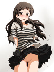 Rule 34 | 1girl, :o, arms behind back, black skirt, blush, bow, brown eyes, brown hair, cleft of venus, clothes lift, commentary request, commission, crotch seam, gluteal fold, grey shirt, idolmaster, idolmaster million live!, kitazawa shiho, lace, lace-trimmed skirt, lace trim, lielos, long hair, long sleeves, looking at viewer, miniskirt, no panties, open mouth, partial commentary, petticoat, pixiv commission, pleated skirt, pubic hair, pussy, shirt, short sleeves, skirt, skirt lift, solo, standing, striped clothes, striped shirt, stuffed animal, stuffed cat, stuffed toy, sweatdrop, t-shirt, thigh gap, wind, wind lift