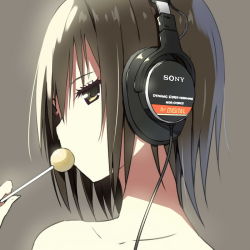 Rule 34 | 1girl, brown eyes, brown hair, cable, candy, character request, collarbone, female focus, food, headphones, lollipop, portrait, short hair, simple background, sky-freedom, solo, sony, sony mdr-cd900st