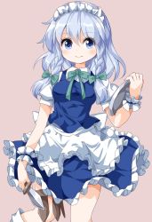 Rule 34 | 1girl, apron, bad id, bad twitter id, blue dress, blue eyes, blush, bow, bowtie, braid, cowboy shot, dress, frilled dress, frills, green bow, green bowtie, highres, holding, holding knife, holding tray, izayoi sakuya, knife, looking at viewer, maid, maid headdress, one-hour drawing challenge, puffy short sleeves, puffy sleeves, ruu (tksymkw), short sleeves, silver hair, smile, solo, touhou, tray, twin braids, waist apron, wrist cuffs