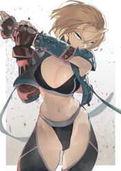Rule 34 | 1girl, adapted costume, arm guards, black bra, black gloves, black panties, black pants, black sports bra, blonde hair, blue eyes, blue jacket, bra, breasts, cammy white, cleavage, collarbone, facial scar, fingerless gloves, gloves, highres, hyocorou, jacket, large breasts, looking at viewer, navel, open clothes, open jacket, panties, pants, scar, scar on cheek, scar on face, short hair, solo, sports bra, street fighter, street fighter 6, thighs, underwear