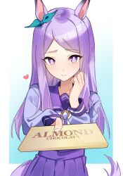 Rule 34 | 1girl, animal ears, aqua bow, blue background, bow, bright pupils, candy, chocolate, chocolate bar, commentary request, ear bow, food, gradient background, highres, horse ears, horse girl, horse tail, jenshenya, long hair, long sleeves, looking at viewer, mejiro mcqueen (umamusume), pleated skirt, purple eyes, purple hair, purple skirt, school uniform, skirt, solo, tail, tracen school uniform, two-tone background, umamusume, white background, white pupils