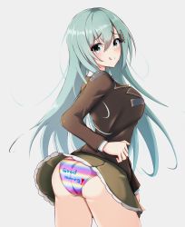 Rule 34 | 1girl, absurdres, aqua eyes, aqua hair, ass, blazer, brown jacket, brown skirt, contrapposto, cowboy shot, frilled skirt, frills, from behind, good morning, grey background, hair ornament, hairclip, highres, honma (honmatomohiro), jacket, kantai collection, long hair, looking at viewer, panties, school uniform, simple background, skirt, solo, standing, striped clothes, striped panties, suzuya (kancolle), tongue, tongue out, underwear