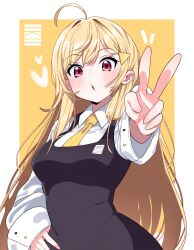 Rule 34 | 1girl, absurdres, ahoge, black dress, blonde hair, blush, breasts, dress, hair ornament, hairclip, hand on own hip, heart, highres, jingburger, long hair, long sleeves, medium breasts, necktie, red eyes, solo, tosyeo, two-tone background, v, virtual youtuber, waktaverse, white background, white sleeves, yellow background, yellow necktie