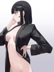 Rule 34 | 1girl, absurdres, black hair, black jacket, black nails, blunt bangs, bottomless, breasts, brown eyes, closed mouth, commentary, from side, gradient background, hand up, highres, jacket, long sleeves, looking afar, mac star, medium breasts, medium hair, nail polish, naked jacket, navel, open clothes, open jacket, original, out-of-frame censoring, profile, simple background, solo, symbol-only commentary, upper body