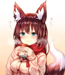 Rule 34 | 1girl, :o, animal ears, beige background, blush, breasts, brown hair, cardigan, fox ears, fox girl, fox tail, fringe trim, gradient background, green eyes, hair between eyes, highres, hot chocolate, long hair, medium breasts, open mouth, original, red scarf, scarf, sleeves past wrists, solo, steam, sukemyon, tail, upper body