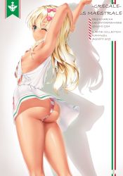 Rule 34 | 1girl, absurdres, armpits, arms up, ass, blonde hair, blue eyes, commentary request, cowboy shot, dress, etsunami kumita, flat chest, from side, grecale (kancolle), highres, huge ass, kantai collection, long hair, one eye closed, panties, pantyshot, red panties, sailor collar, sailor dress, short dress, side-tie dress, sleeveless, sleeveless dress, solo, standing, striped clothes, striped panties, underwear, white dress, white sailor collar