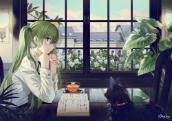 Rule 34 | 1girl, animal, bell, bespectacled, black cat, black ribbon, black skirt, book, cat, chair, closed mouth, collared shirt, cup, day, drink, flower, glasses, green eyes, green hair, hair between eyes, hatsune miku, head rest, indoors, jingle bell, lace trim, long hair, long sleeves, looking at viewer, looking to the side, miniskirt, neck ribbon, open book, own hands together, plant, pleated skirt, popuru, ribbon, saucer, shirt, shirt tucked in, sidelocks, signature, sitting, skirt, smile, solo, table, teacup, twintails, vocaloid, white flower, white shirt, window