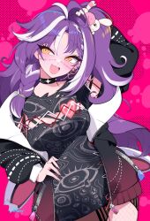 Rule 34 | 1girl, arm up, black jacket, black shirt, braid, eye print, fang, highres, himary art, jacket, jared (michi mochievee), long hair, looking at viewer, michi mochievee, multicolored hair, open mouth, pink background, purple hair, shirt, single braid, skin fang, smile, solo, stitched face, stitches, streaked hair, virtual youtuber, vshojo, white hair, yellow eyes