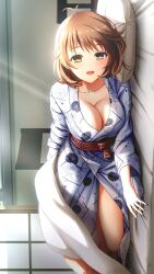 Rule 34 | 1girl, :d, antenna hair, breasts, brown hair, cleavage, collarbone, doukyuusei another world, floral print, game cg, japanese clothes, kakyuusei, kimono, large breasts, long sleeves, looking at viewer, lying, medium hair, mochida mahoko, on side, open mouth, pillow, print kimono, smile, solo, sunlight, under covers, white kimono, yellow eyes