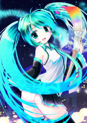 Rule 34 | 1girl, aqua eyes, aqua hair, art brush, colorful, detached sleeves, giant brush, hatsune miku, highres, hinasaki you, long hair, microphone, miracle paint (vocaloid), musical note, necktie, paintbrush, panties, skirt, solo, thighhighs, twintails, underwear, very long hair, vocaloid