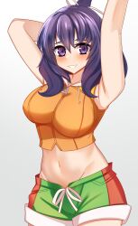 Rule 34 | 1girl, ao no kiseki, armpits, arms up, bare arms, bare shoulders, blush, breasts, commentary request, cowboy shot, crop top, eiyuu densetsu, gradient background, grey background, grin, highres, kirby lord, large breasts, long hair, looking at viewer, midriff, navel, orange shirt, purple eyes, purple hair, rixia mao, shirt, short shorts, shorts, sleeveless, sleeveless shirt, smile, solo, standing, stomach